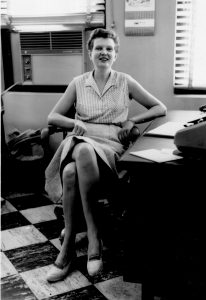 Alice Petersen here at work (probably later at GSL Corp.) She she was mouthing off a little to guys in the office when this pic was taken. photo from the Alice Petersen estate collection digitized by www.Evalogue.Life - Tell Your Story, in 2017