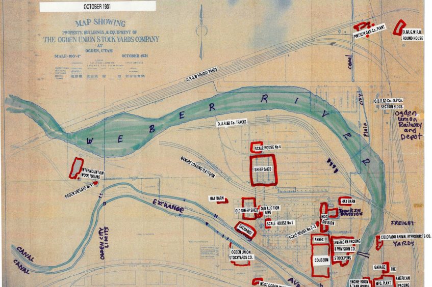October 1931 site map showing property buildings & equipment of the Ogden Union Stock Yards Company at Ogden, Utah. Map with markings emphasized in 2017.